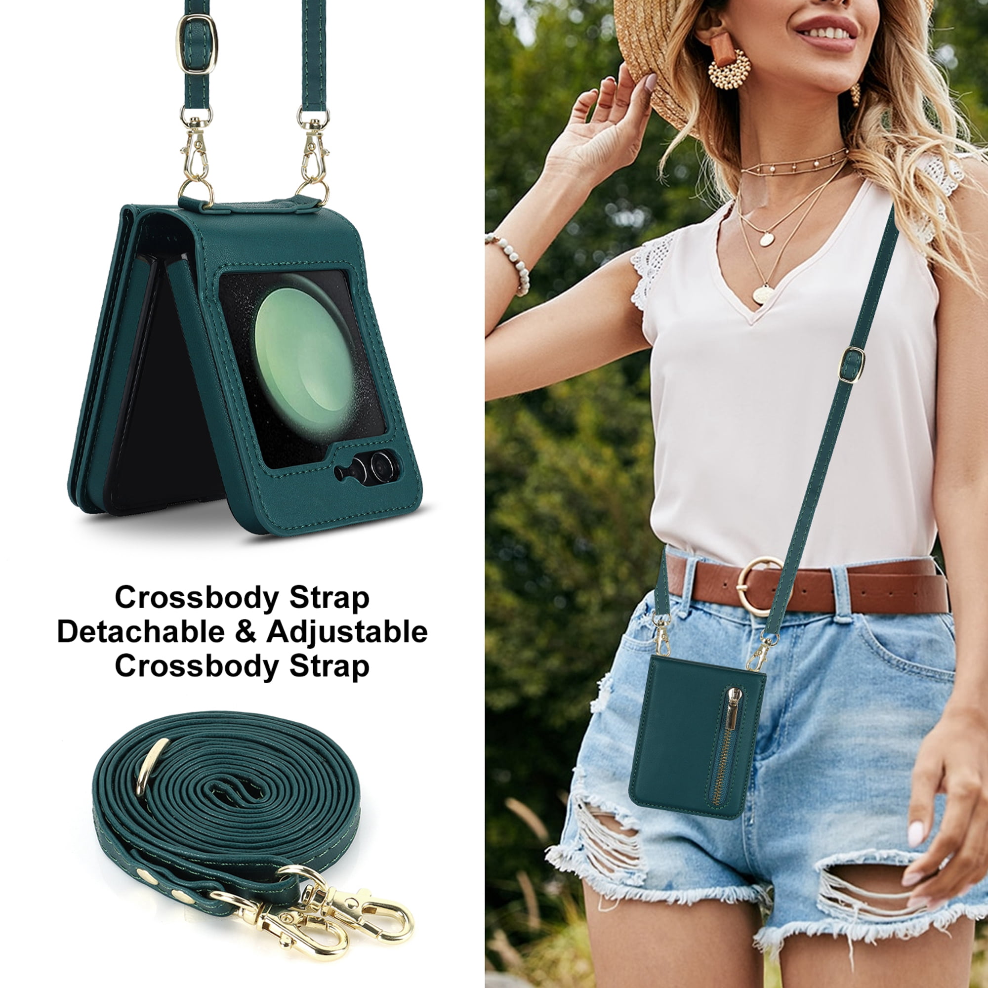 Decase for Samsung Galaxy Z Flip 5 Luxury Zipper Wallet Phone Case, Multi-Function Kickstand Card Holder Adjustable Fashion Flip Cover Case with Crossbody Strap for Samsung Z Flip 5 5G,Darkgreen
