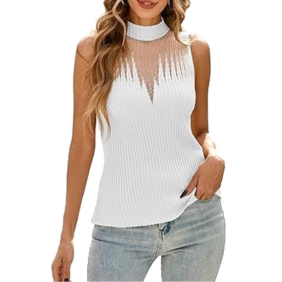 RMGVDSD Womens Summer Sleeveless Ribbed Tank Tops Sweater Vest 2025 Neck Basic Sheer Knit Top Fitted Shirts Solid Color Casual Lightweight Sweater Tops /White