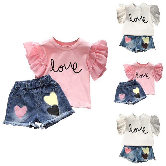 BOBOGOJP Toddler Girl Ruffle Sleeve Top Denim Shorts Set Summer Outfits Pink for Size 2-3 Years