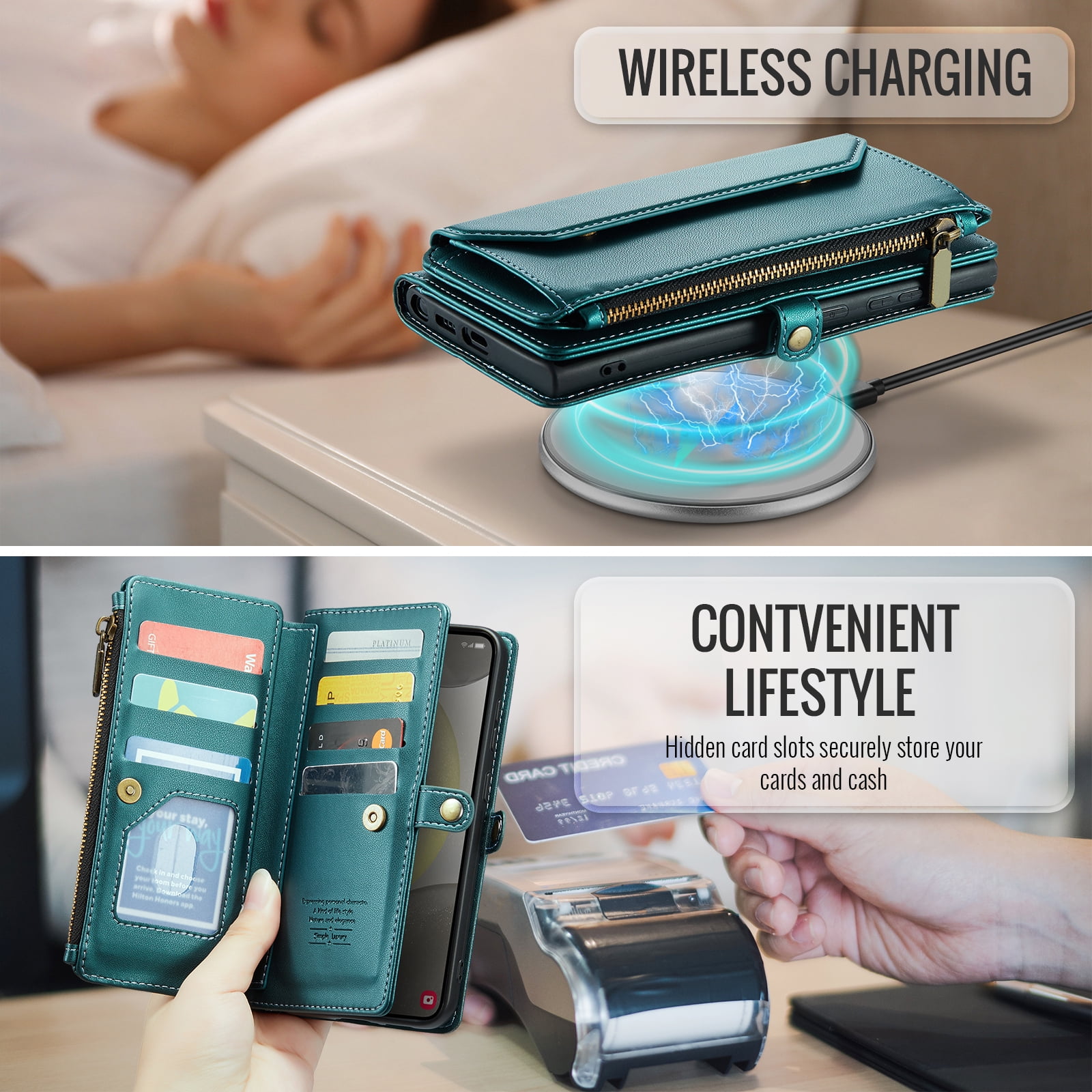 Compatible with Samsung Galaxy S24 Plus S24+ 5G Zipper Wallet Phone Case Tempered Glass Screen Protector Crossbody Lanyard Strap Flip Card Holder Slot Cell Cover for S24Plus 24S + S 24 Women Green