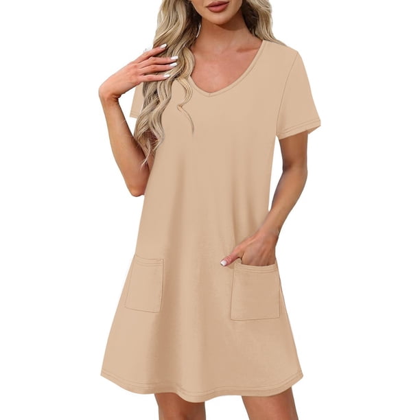 Vestido Corto de Verano de Moda de Color Sólido Vestido Casual de Cuello en V de Manga Corta, Desgaste Ligero de Poliéster para las Mujeres, Lavado de Manos