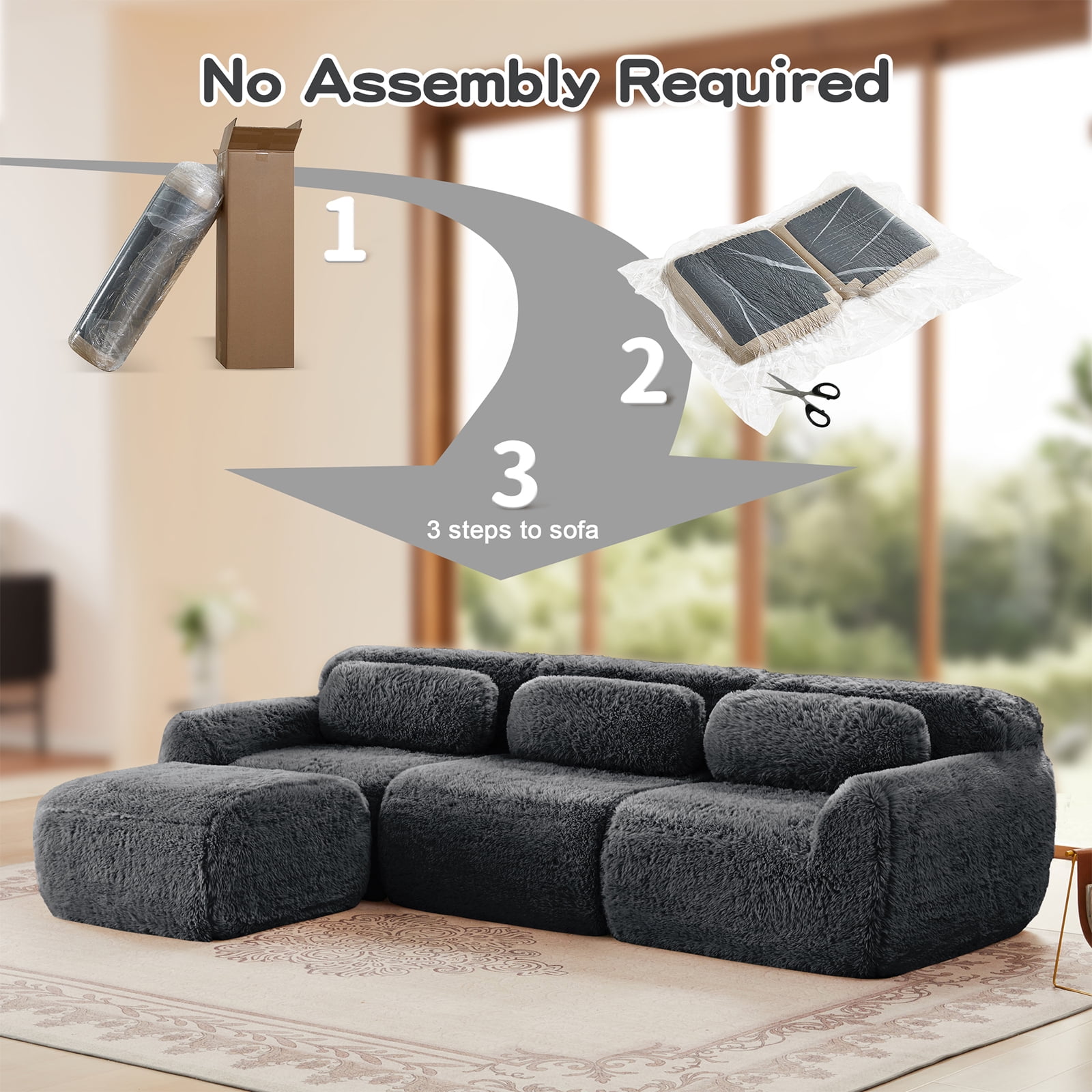 ZenNook 149" Sectional Couches for Living Room, Comfy Boneless Couch, 4 Seater Cloud Sofa, Compressed L Shaped Couch with Ottoman, Modern Modular Sectional, Plush Floor Sofa, No Assembly (Grey)