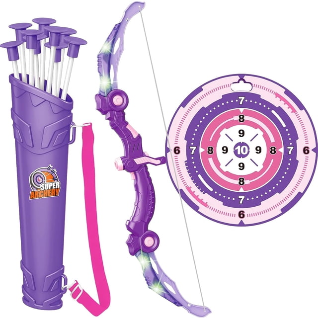 Juguetes de arco y flecha con tiro con arco con luz LED, regalo de cumpleaños para niñas de 5 6 7 8 9 10 11 12 años, juguete navideño para actividades en interiores y exteriores para niñas de 6 a 8 añ