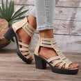 thumbnail image 6 of PiGOGI Women Solid Color Rhinestone Open Toe Back Zipper High Heeled Sandals Thick Heel Summer Gold, 6 of 9