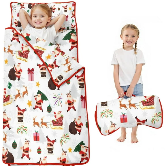 White Christmas Santa and Gift Pattern Toddler Nap Mats for Kids Preschool,50"x20" Sleeping Mat Bag or Kids,Toddler Sleeping Bag,Toddler Nap Mat or Daycare