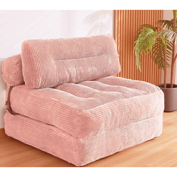 Pink Corduroy Folding Sofa Bed Convertible Sleeper Chair With Back Support Floor Couch For Living Room Bedroom