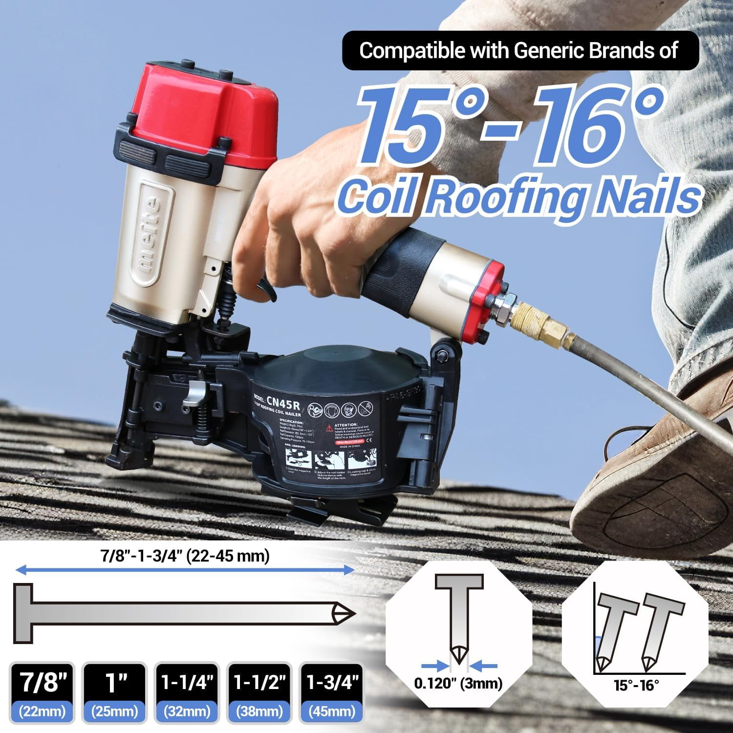 MEITE CN45R Pneumatic Coil Roofing Nailer CN45R 15 Degree 7/8" to 1-3/4" Length Coil Roofing Nail Gun Pistolas