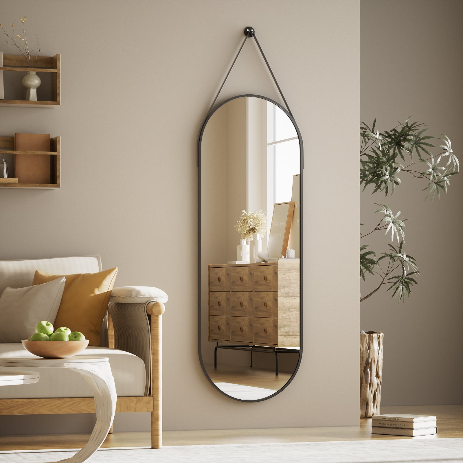 Easy4Home 48"x16" Oval Wall Mirror Full Length Mirror with Leather Hanging Strap, Black