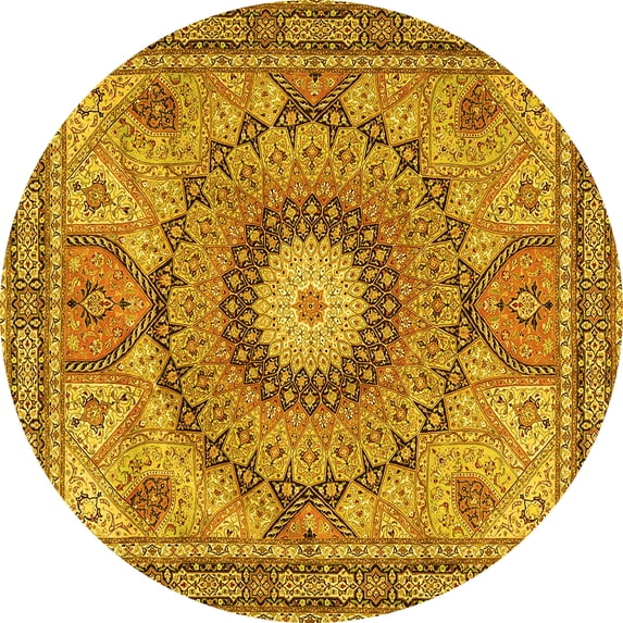 Ahgly Company Machine Washable Indoor Round Medallion Yellow Traditional Area Rugs, 4' Round