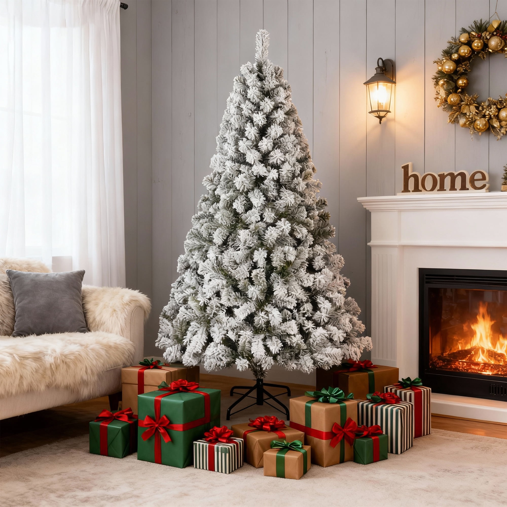 Furnibear 7.5ft Flocked Christmas Tree, 1405 Branch Tips Unlit Artificial Tree with Auto-Shaping
