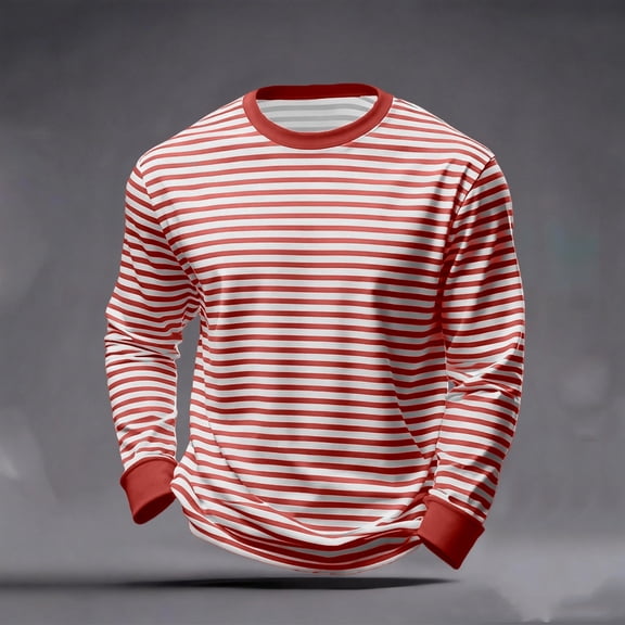 ZHOGXU Men's T Shirt Long Sleeve Round Neck Striped Printing Comfortable Fashion Casual Top Tee For Daily Wear,Brick Red,L