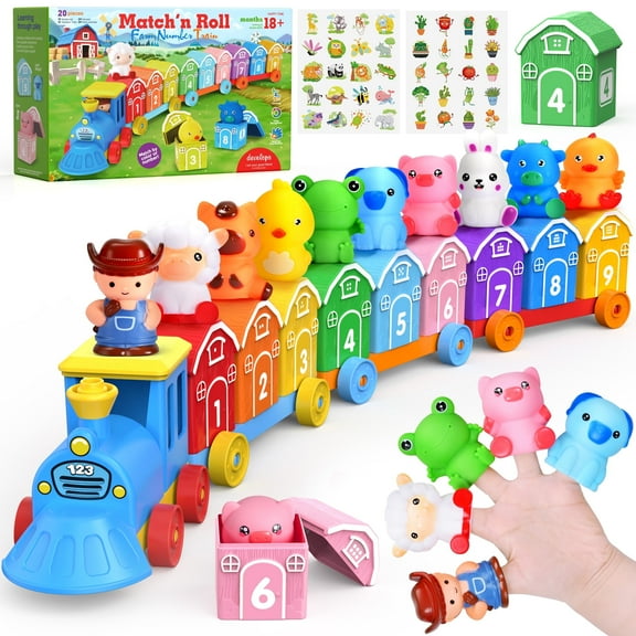 QIAHO Montessori Toys for Toddlers, Counting, Matching, Sorting Preschool  Learning Toy Farm Animal Train Set including 9 Barns,10 Finger Puppets and 2 Stickers Birthday Gift for Baby Boys Girls