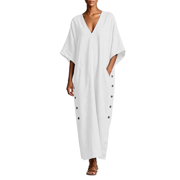 Eawtki Women's V Neck Batwing Sleeve Maxi Dress Side Buttons Loose Fit Casual Summer Linen Blend Caftan Dress