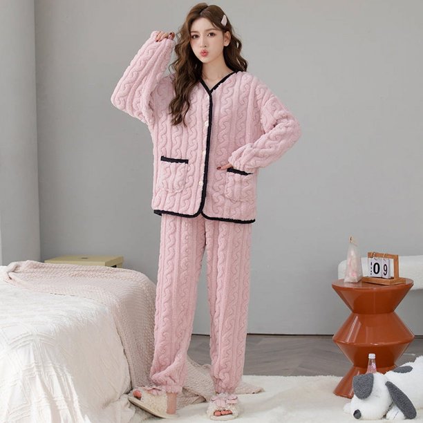 Conjunto de pijama de terciopelo coral para primavera y verano, ropa de hogar de polar abierto de manga larga de franela jacquard 3D