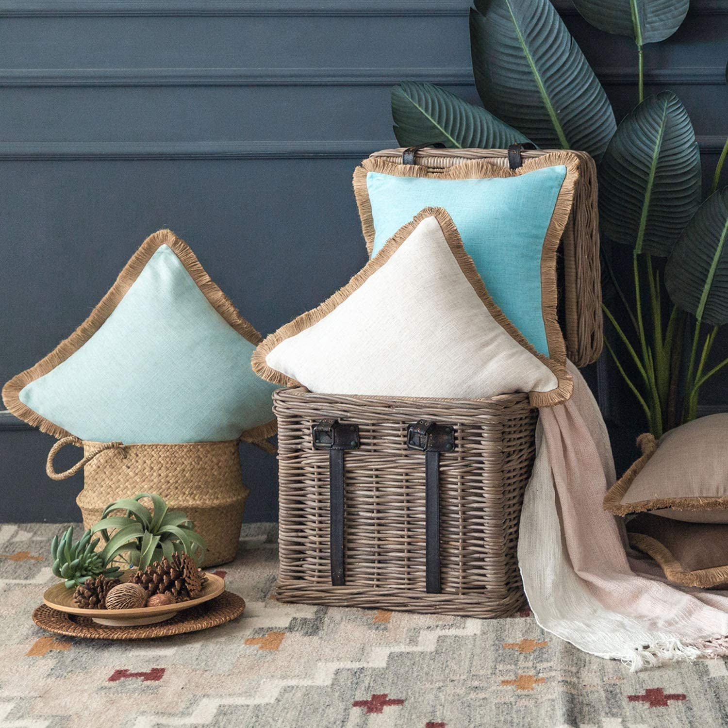 Phantoscope Linen Tassel Trimmed Farmhouse Series Decorative Throw Pillow, 18" x 18", Light Blue, 2 Pack