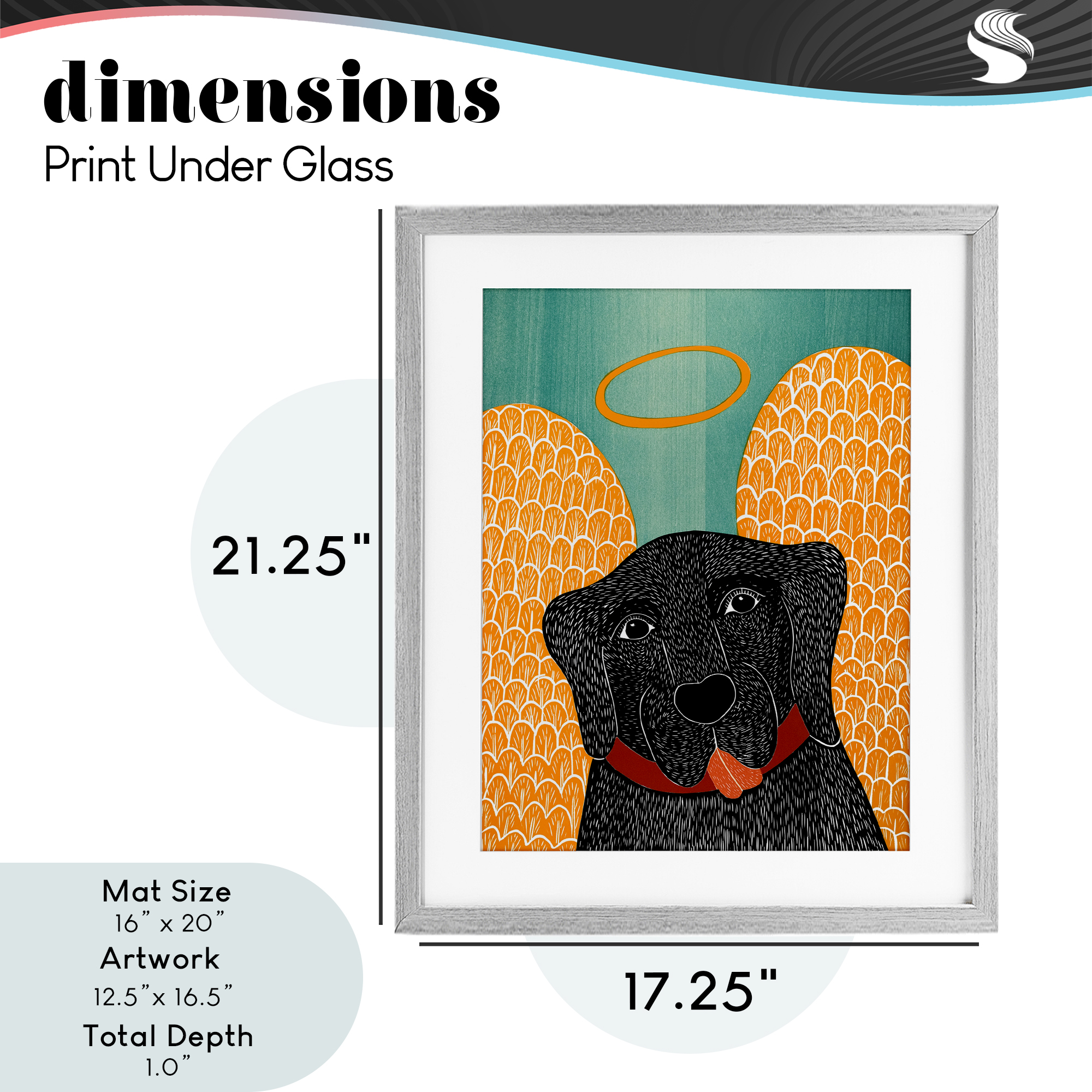 Dog Angel with Yellow Wings Gray Framed Print Under Glass, design by Stephen Huneck