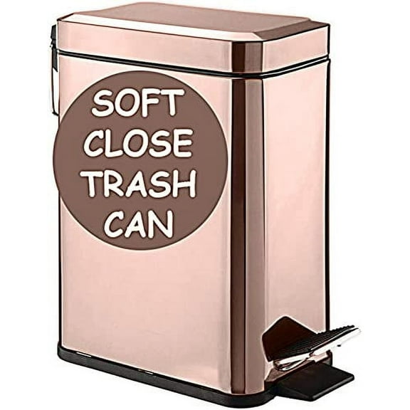 Soft Close, Rectangular Trash Can 5L with Anti - Bag Slip Liner and Lid, Use as Mini Garbage Basket, Slim Dust Bin, or Decor in Bathroom, Restroom, Kitchen, or Bedroom (Rose Gold)