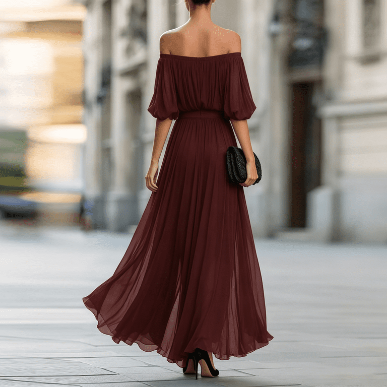 off the shoulder maxi dress formal Women's Dress, Sexy Pleated Chiffon Evening Gown with High Slit, Elegant Puff Sleeve Party white mirrored dressing table