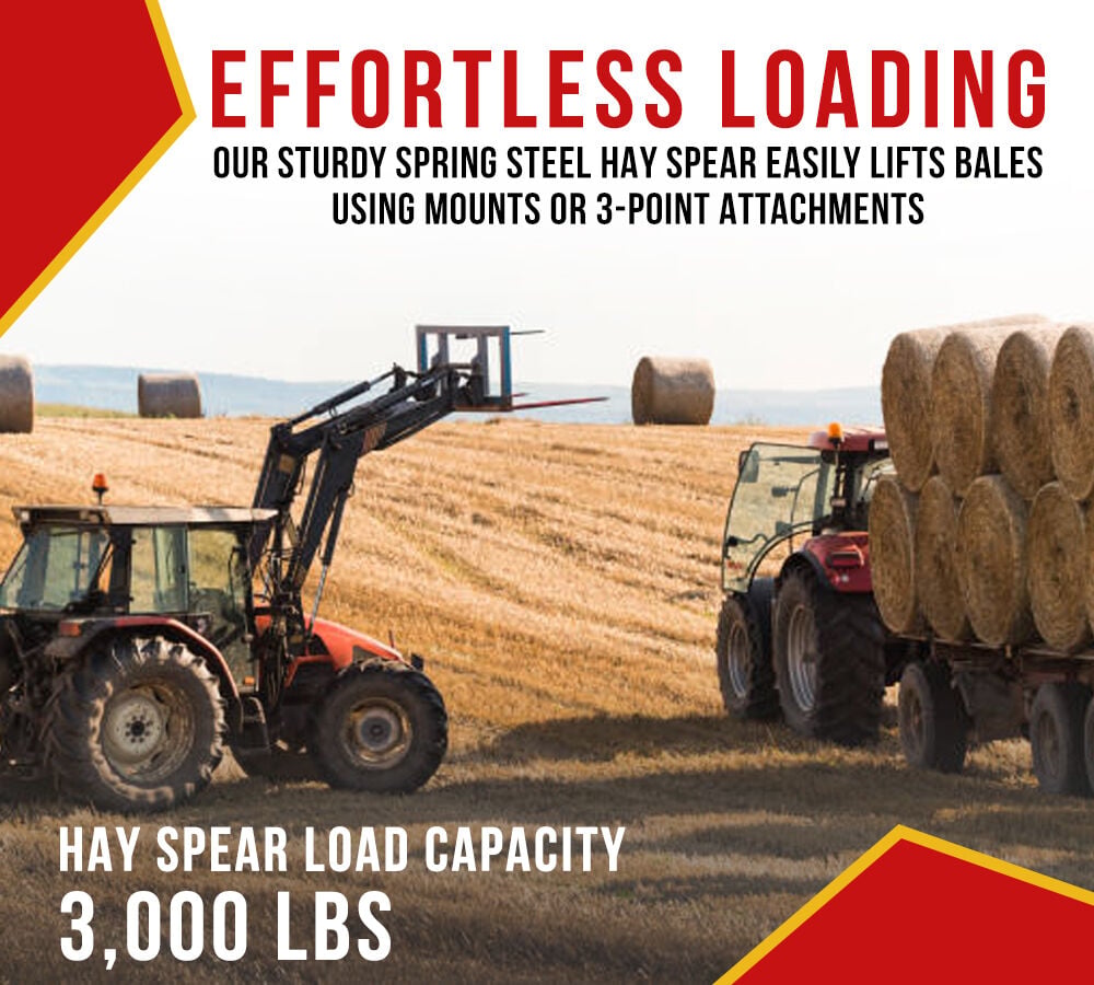 49" Hay Bale Spear with 17" Stabilizer Attachment (Pair) - Quick Attach Bale Forks Attachment for Tractors, Skid Steer, Loaders & Telehandlers, Cranes