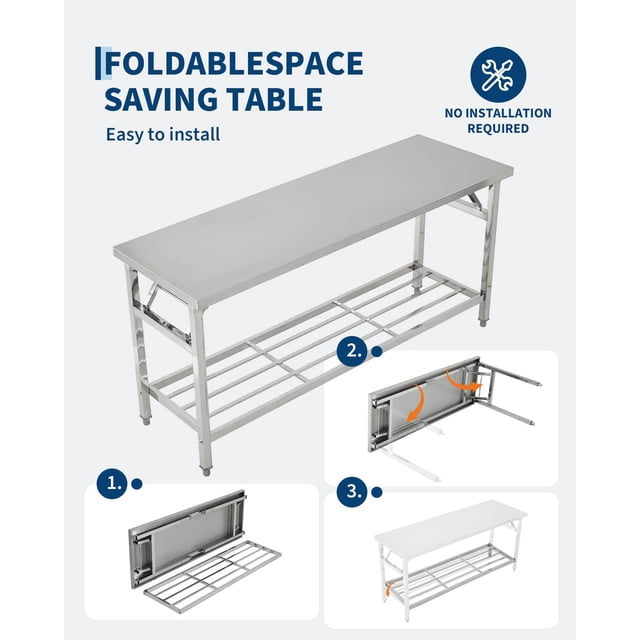 Kojooin Table Pliante Commerciale en Acier Inoxydable avec Tablette Inférieure, Table de Travail de Préparation de Cuisine Robuste