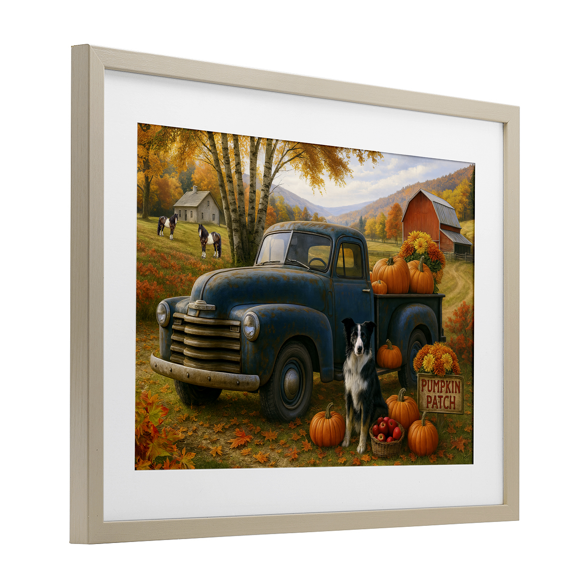 Autumnal Farmland Collie Dog Birch Framed Print Under Glass, design by Tom Crehan