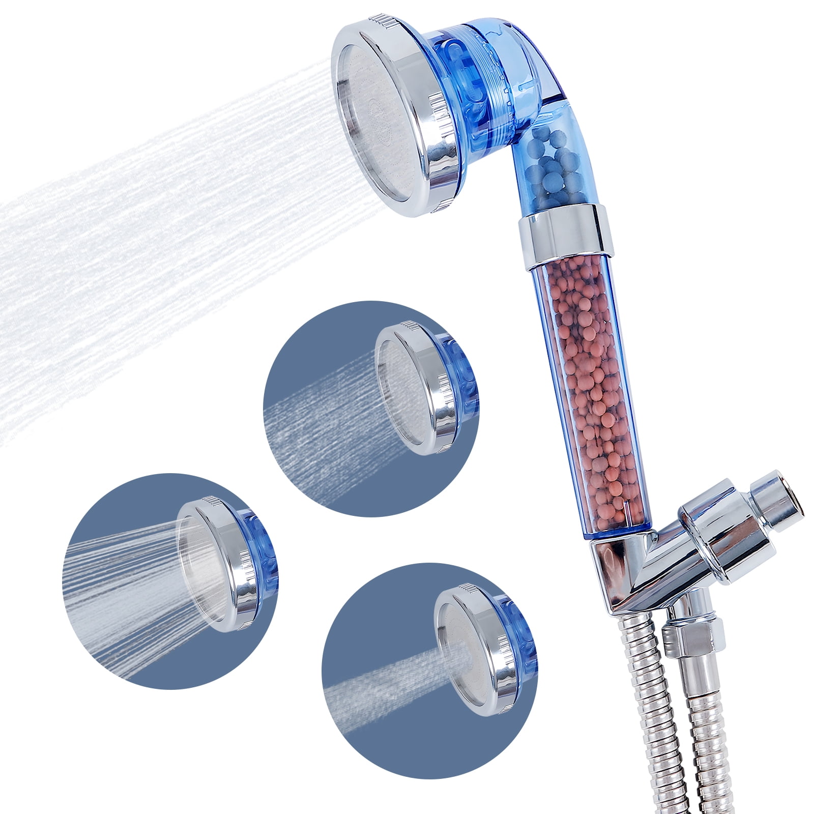 High Pressure Shower Heads, Handheld Shower Head Negative Ion Bead Filter Help Relieve Dry Skin and Hair, 3 Modes Adjustable, with Hose and Bracket, for Dry Oily Hair and Skin, Blue, COOSERRY