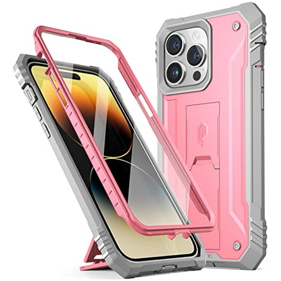 Poetic Revolution Case for iPhone 14 Pro Max, Heavy Duty Full Body Cover with Kickstand, Light Pink