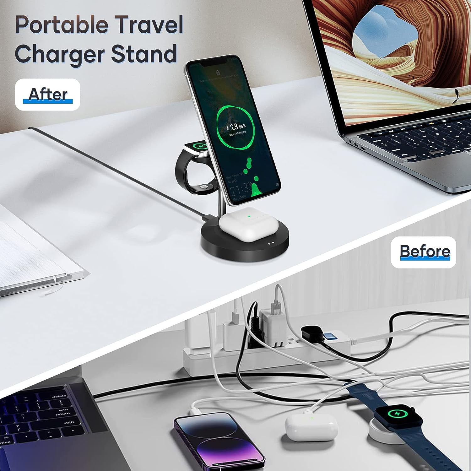 delpattern 3-in-1 Wireless Charger Station, Fast Charging Dock for iPhone 14/13/12, Apple Watch, AirPods (Black)