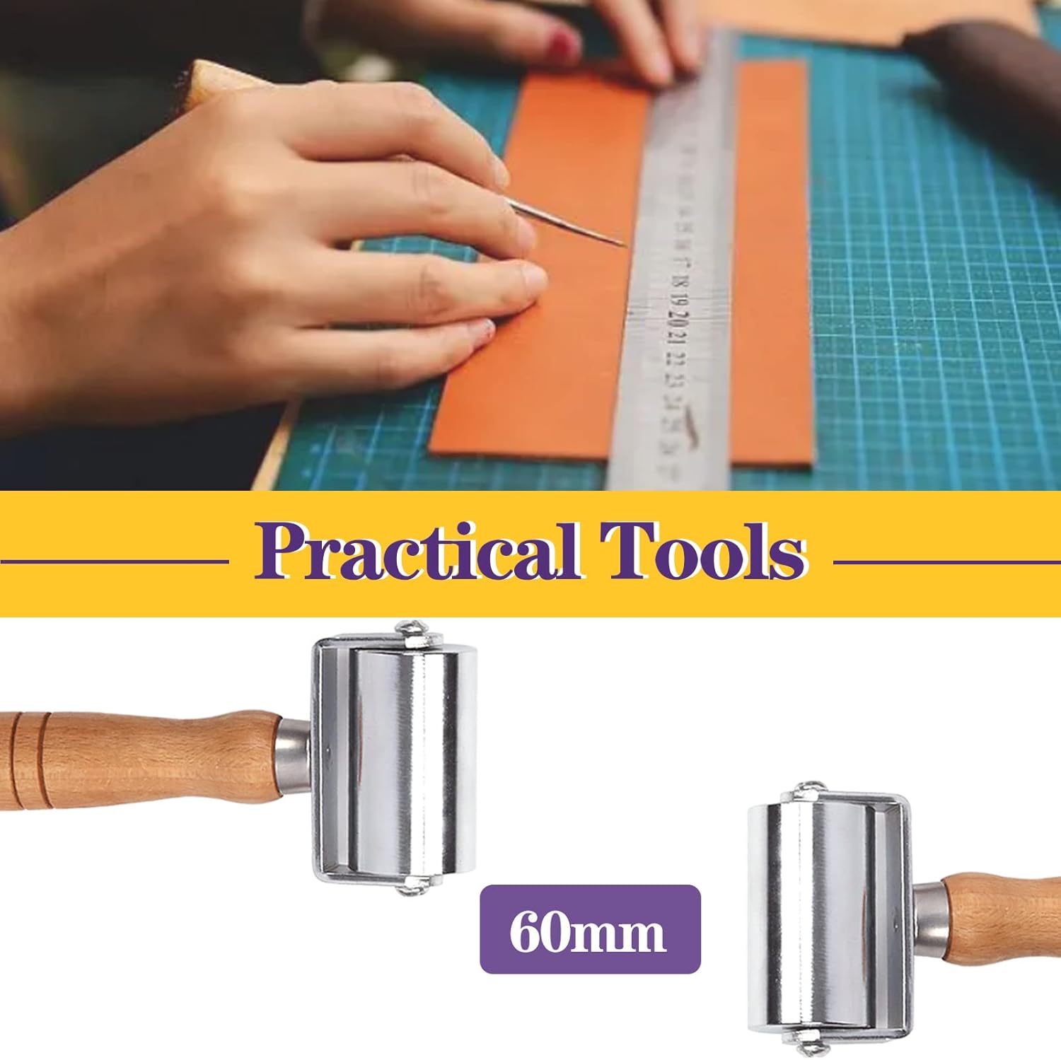 ABCISI 1Pcs 60mm Heavy Duty Leather Press Seam Roller Assortment Kit, Leather Press Laminating Roller Edge Roller Leather Edge Creaser and Smoother Platen Tool for Leather