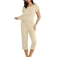 thumbnail image 6 of VBTAPA Womens Pajama Sets Short Sleeve Pleated Top and Capri Pants Matching Pjs Set Soft Comfy Sleepwear Solid Color Lounge Sets with Pockets Daily Deals Clearance Beige M, 6 of 8