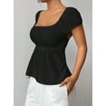 thumbnail image 3 of Womens Square Neck Solid Color Textured Pleat T-Shirt Summer Blouse For Women, 3 of 5