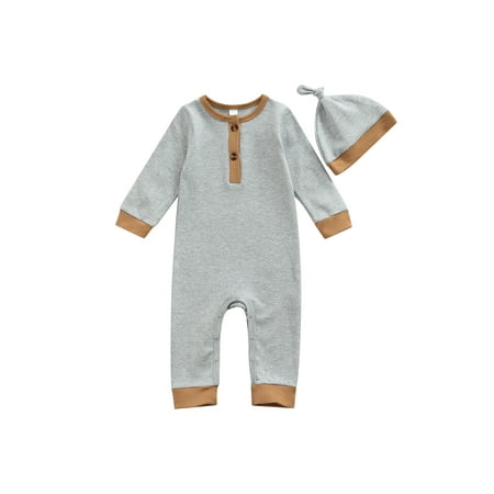 

Calsunbaby 2PCS Toddler Infant Baby Boys Girls Long Sleeve Contrast Color O-Neck Long Romper with Hat