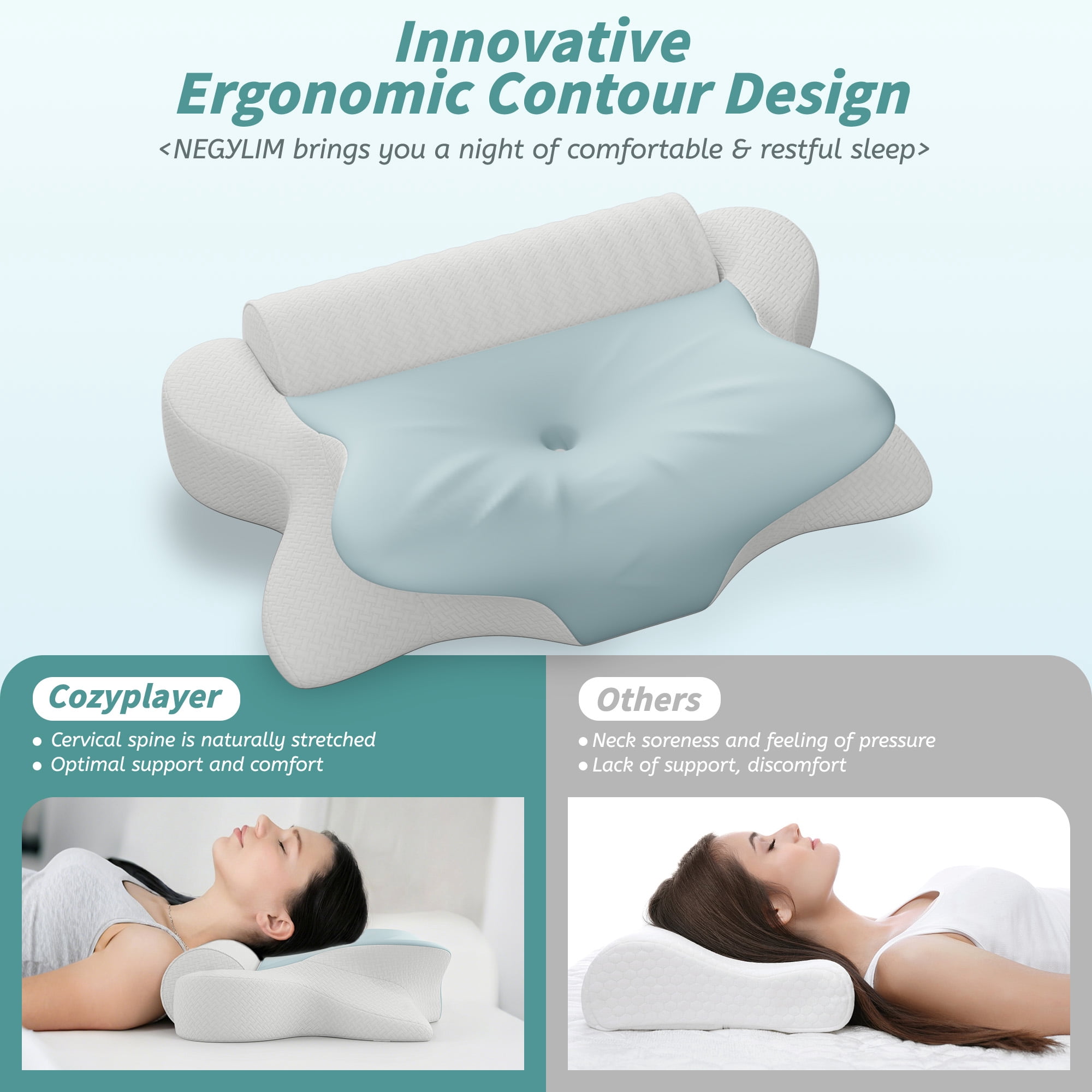 NEYGLIM Cervical Neck Pillows with Detachable Cervical Neck Roll for Neck & Shoulder Pain Relief, Pregnancy Pillows with Cooling Cover for Improves Sleep