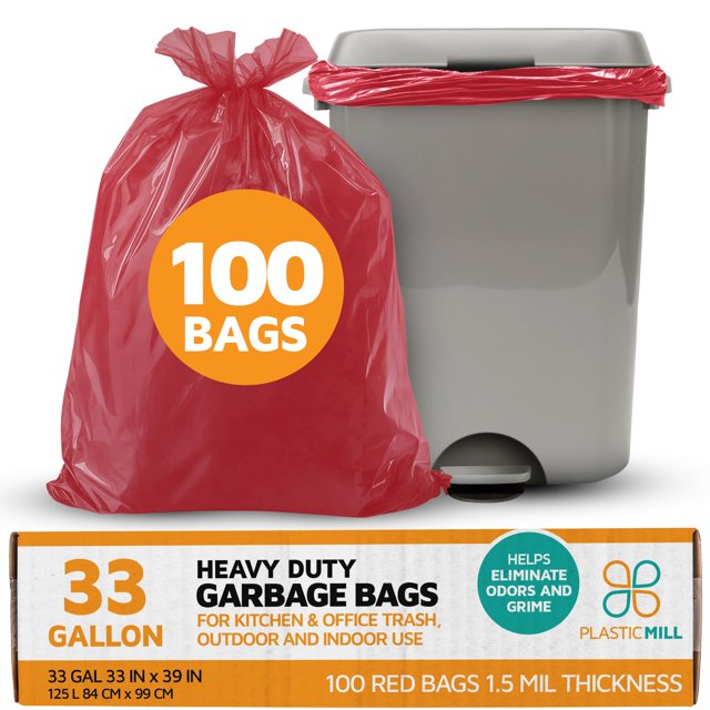 PlasticMill Sacs à Ordures 33 Gallons : Rouge, 1.5 MIL, 33x39, 100 Sacs