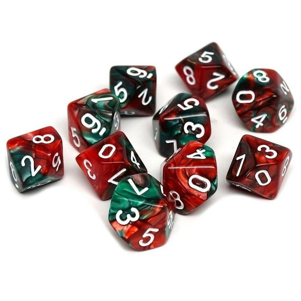 D10 Pack - Ten Count Pack of Green and Red Swirl 10 Sided Dice ...