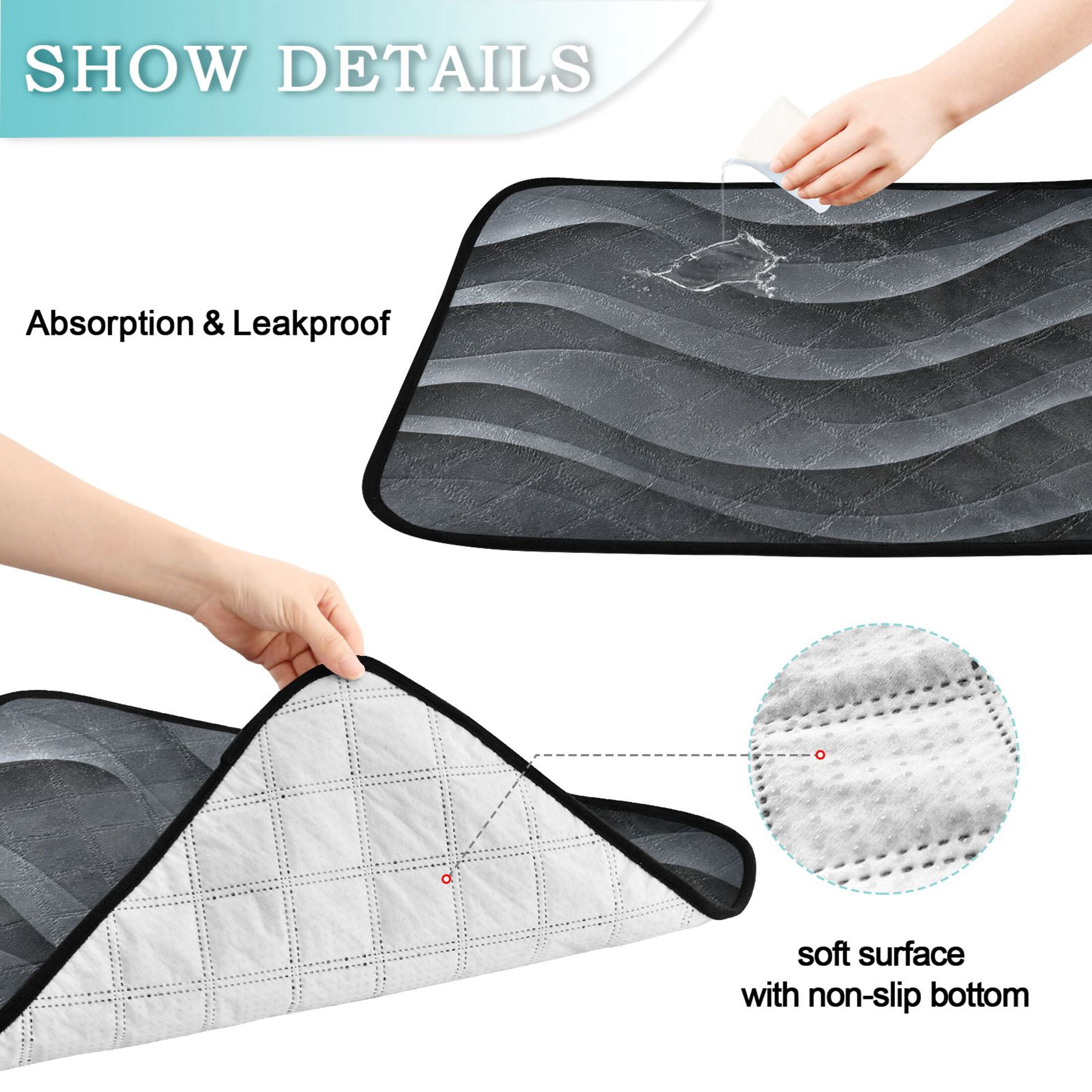 Washable Pet Pee Pads with Super Absorbent Reusable Training Pads for Dogs & Cats Dark Gray Wave Pattern