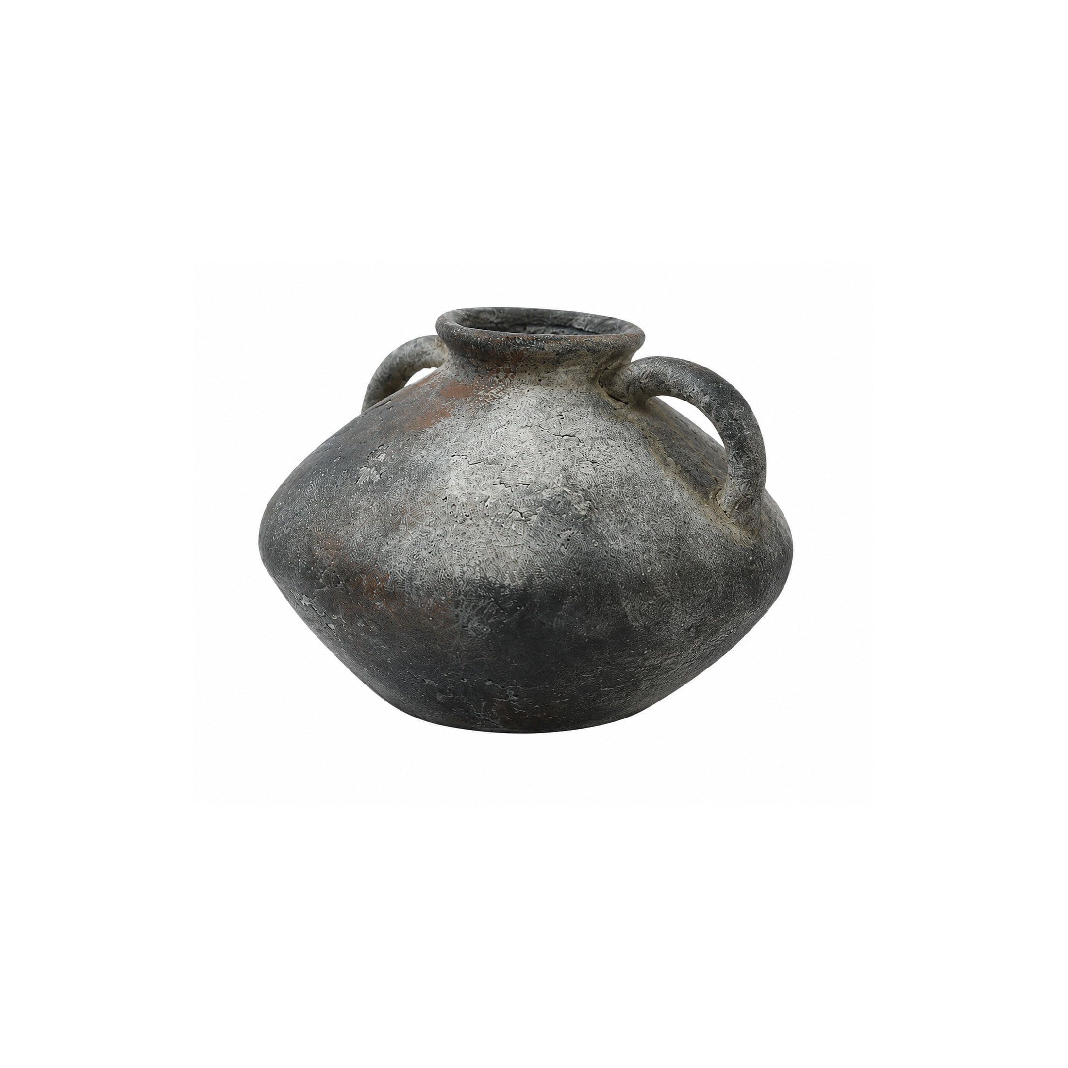 DecMode 7" Antique Style Textured Dark Gray Ceramic Vase with Brown Accents and Handles