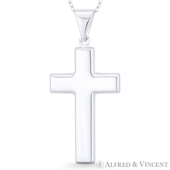 Hollow-Cast Latin Cross Christian Crucifix Pendant w/ Chain Necklace in .925 Sterling Silver