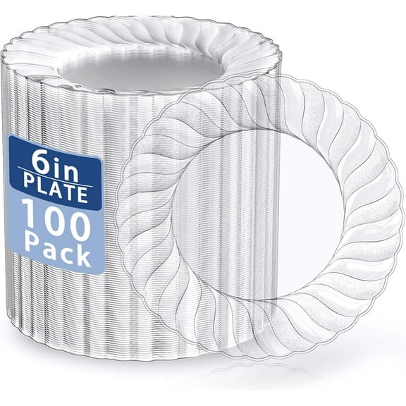 100 Pieces Clear Plastic Plates-6 Inch Plastic Dessert Plates Disposable - Washable & Reusable - Premium Hard Clear Plates Fancy Disposable Heavy Duty Plastic Plates for Party,Weddings and Events