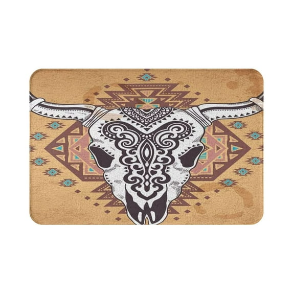 Bull Skull Bath Mat Longhorn Cow Animal Boho Native American Geometric Abstract Bathroom Rug 16"x24"