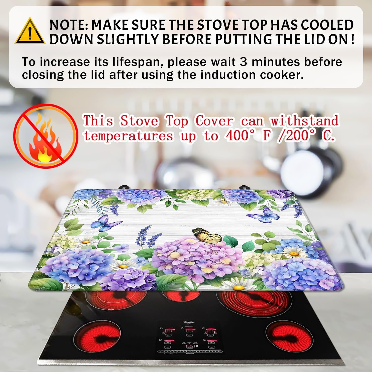 Spring Hydrangea Stove Top Cover Blue Flowers Gas Stove Top Cover for Home Decoration Kitchen Pad Floral Non-Stick Washable Cooktop Covers Countertop Protector Keep Stove Clean White