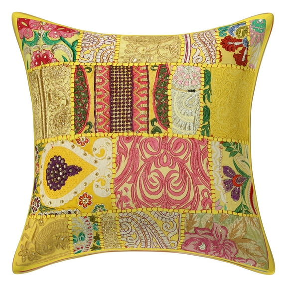 Stylo Culture Indian Cotton Home Decor Throw Pillow Sham Cover Lemon Yellow 16 x 16 Bohemian Vintage Patchwork Indian Couch Cushion Cover 40x40 cm Living Room Abstract Square Pillowcase | 1 Pc