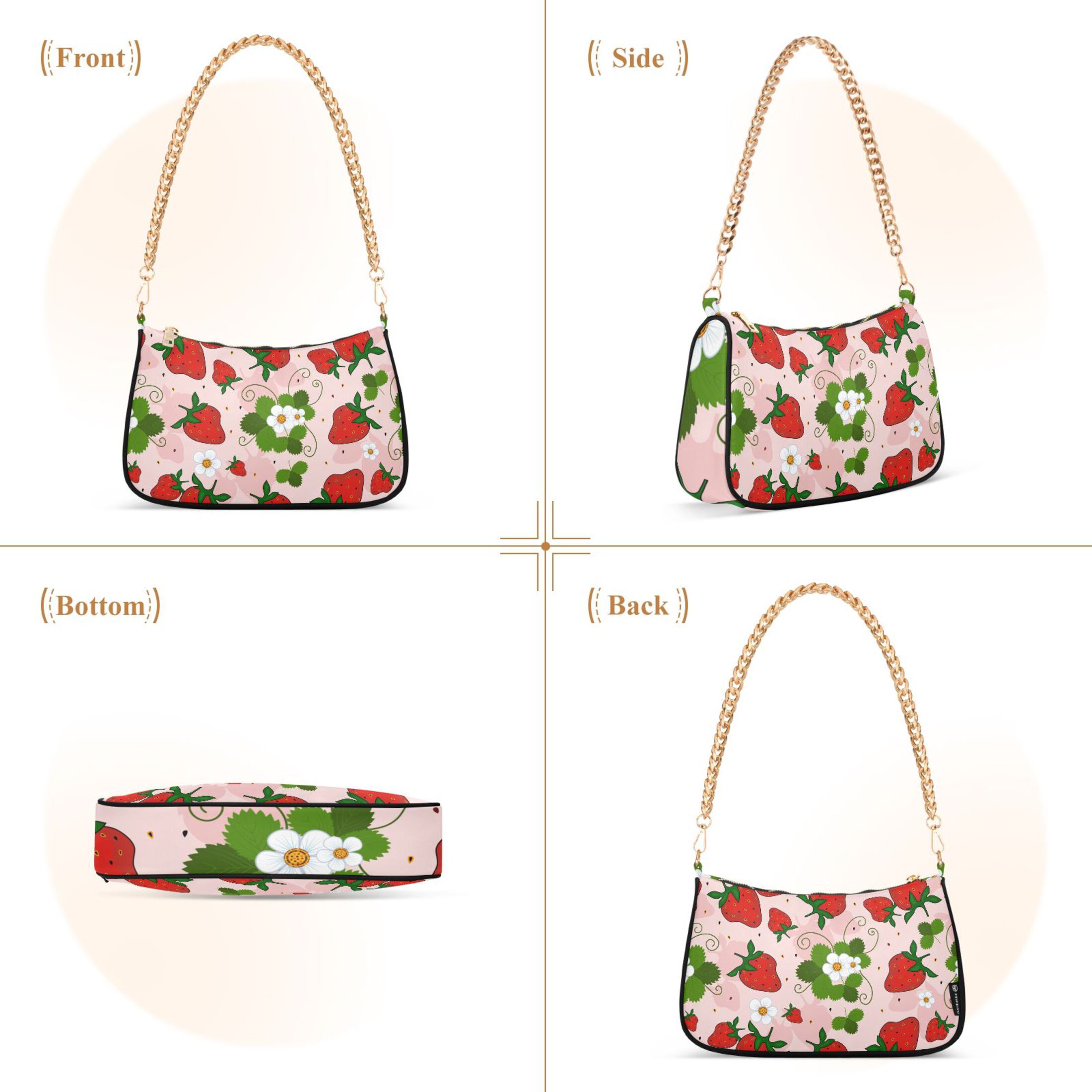 Strawberry and Flowers Womens Chain Shoulder Bag Tote Handbag Clutch Hobo Purse with Zipper for Travel Casual