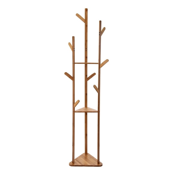 XKHZJL Wood Coat Rack, Freestanding Coat Rack with 3 Shelves and 9 Hooks, Coat tree for Bedroom, Entryway, Livingroom, Coat Hanger Stand for Coats, Scarves, Handbags