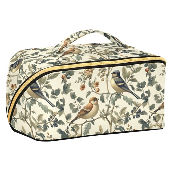 FORMRS Makeup Bag Travel Cosmetic Organizer for Women Fold Flat Zipper Pouch with Handle, Green Birds
