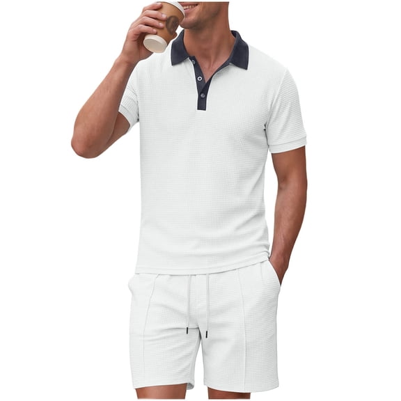 hotojiny Men's 2 Pieces Summer Outfits Stylish Color Block Button Collared Shirt and Shorts Set for Golf Beach Clothes(White,X-Large)