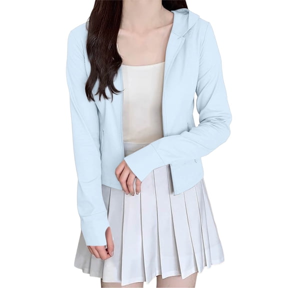 Women's UPF 50 Lightweight UV Sun Protection Jacket, Cropped Quick Drying Long Sleeve Zip Up Hooded Shirt Workout Blue M