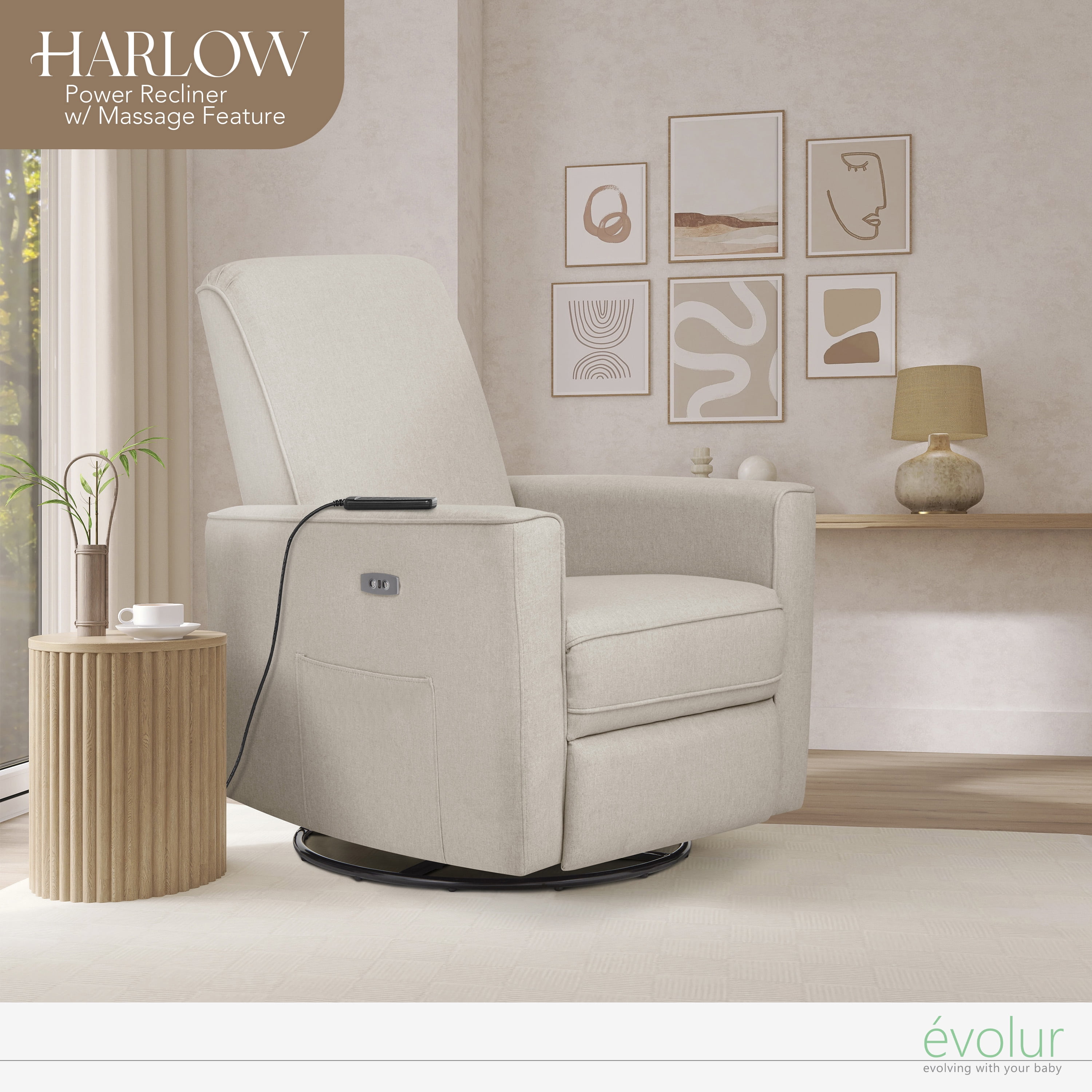 Evolur Harlow Deluxe Upholstered Glider, Power Recliner USB Port with in-Built Massager, Light Sand