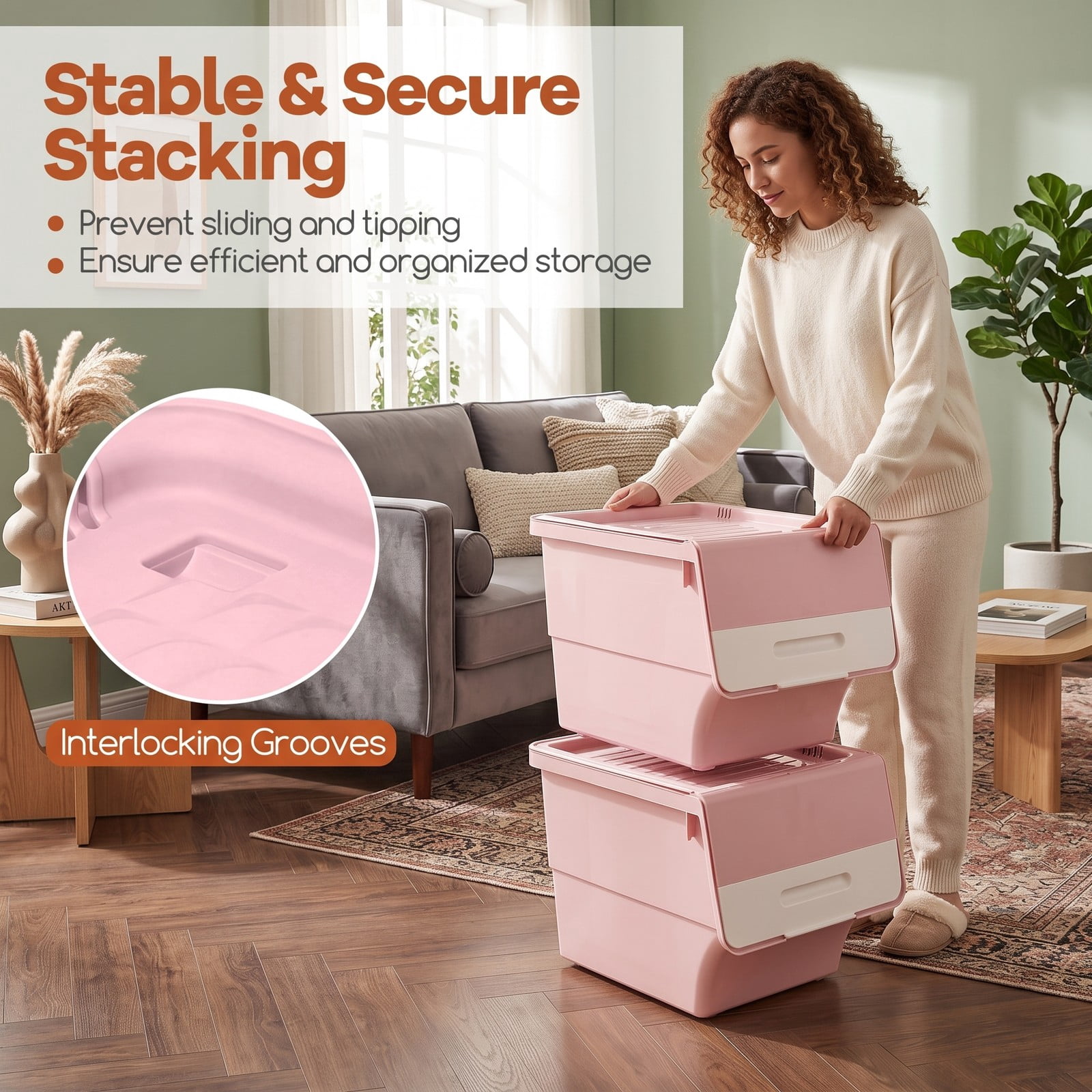 Furnibear Set of 3 Stackable 35 QT Storage Bins on Wheels with Flip Door and Stay-Open Lid for Bedroom and Closet Use, Pink