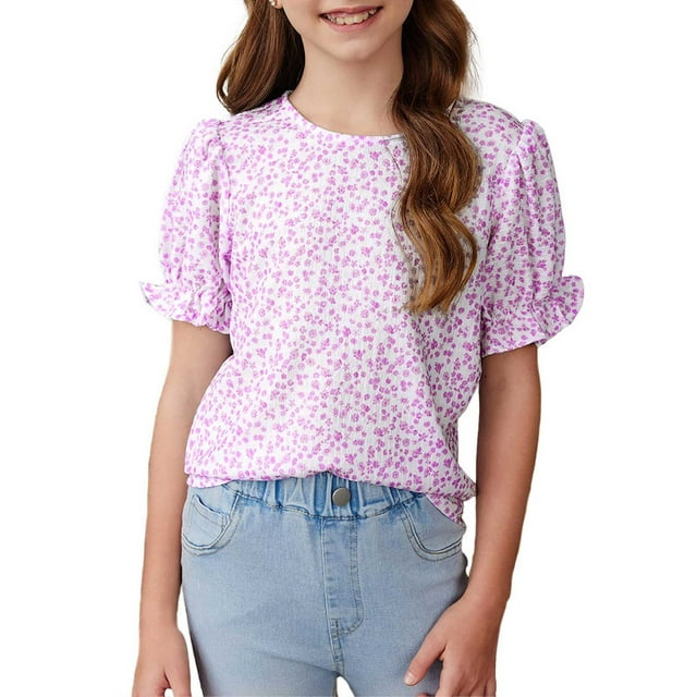 LIJCC Chemise Boho à Manches Bouffantes pour Filles, Haut de Mode pour Filles, T-shirt à Col Rond Ample à Manches Courtes